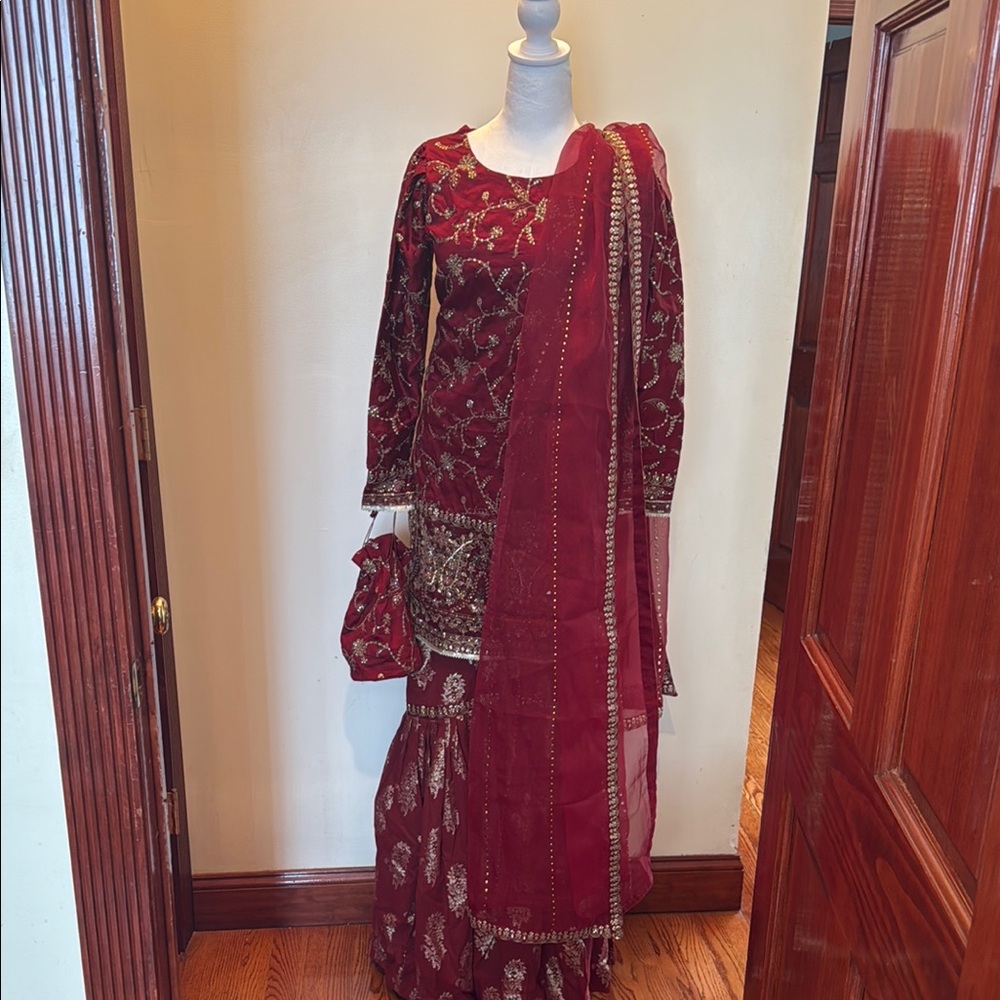 Elegant Maroon Embroidered Maria b Dress